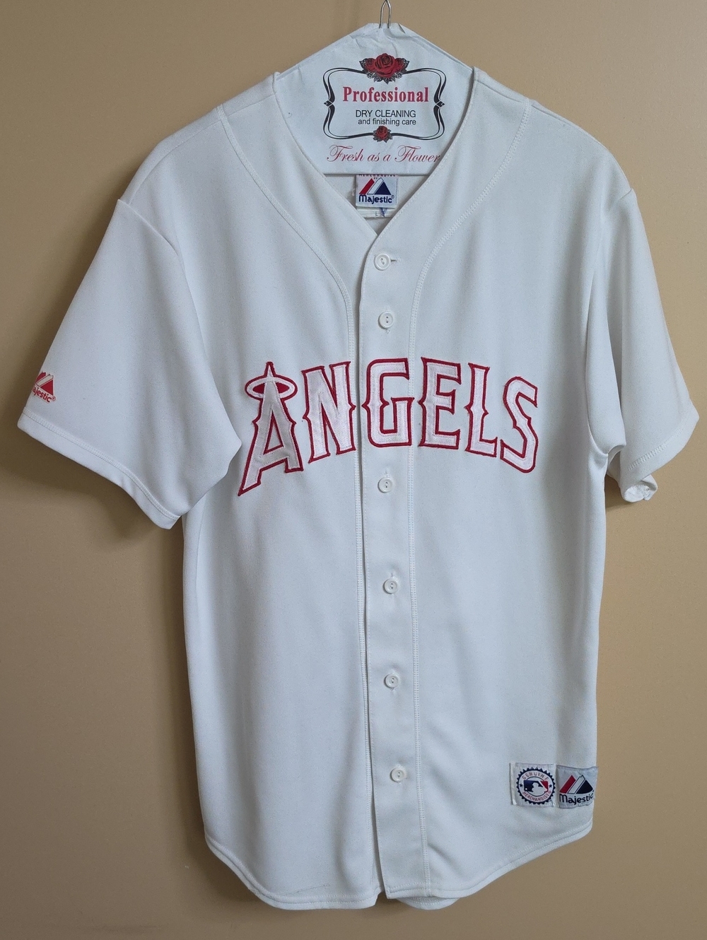 Majestic White Angels Baseball Jersey with Red Trim